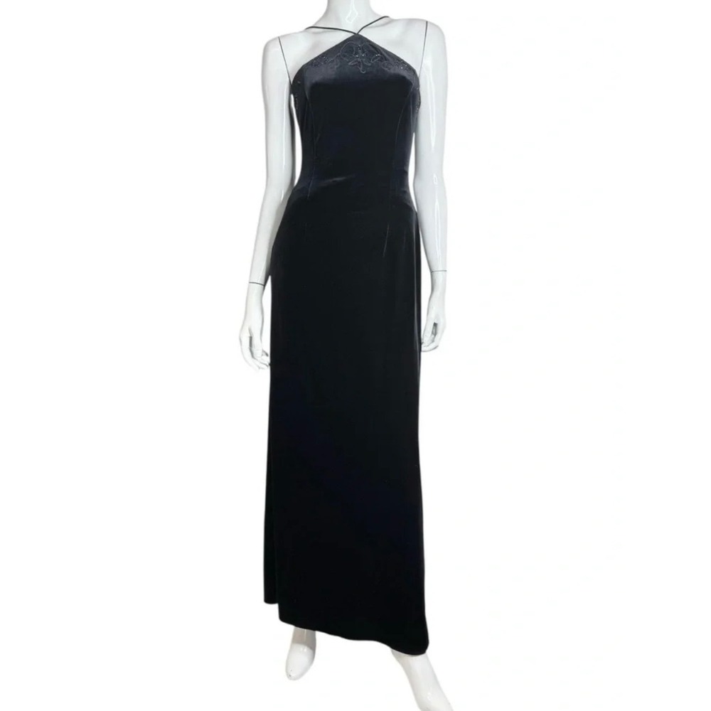Betsy & Adam Black Velvet Beaded Halter Maxi Gown Corset Back Size 8